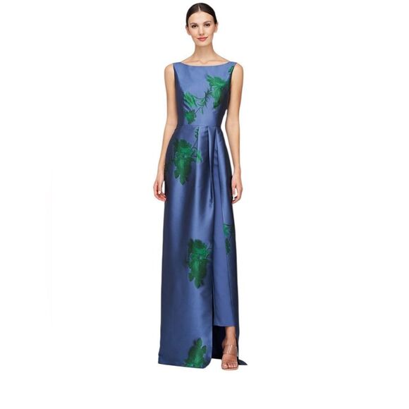 Kay Unger Michelle Blue Floral Jacquard Walk Through Jumpsuit | Size 6 - Picture 1 of 9